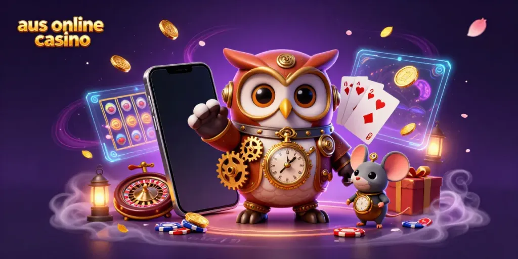Experience exciting slots at the aus online casino with a whimsical scene of an owl and mouse in a vibrant casino.