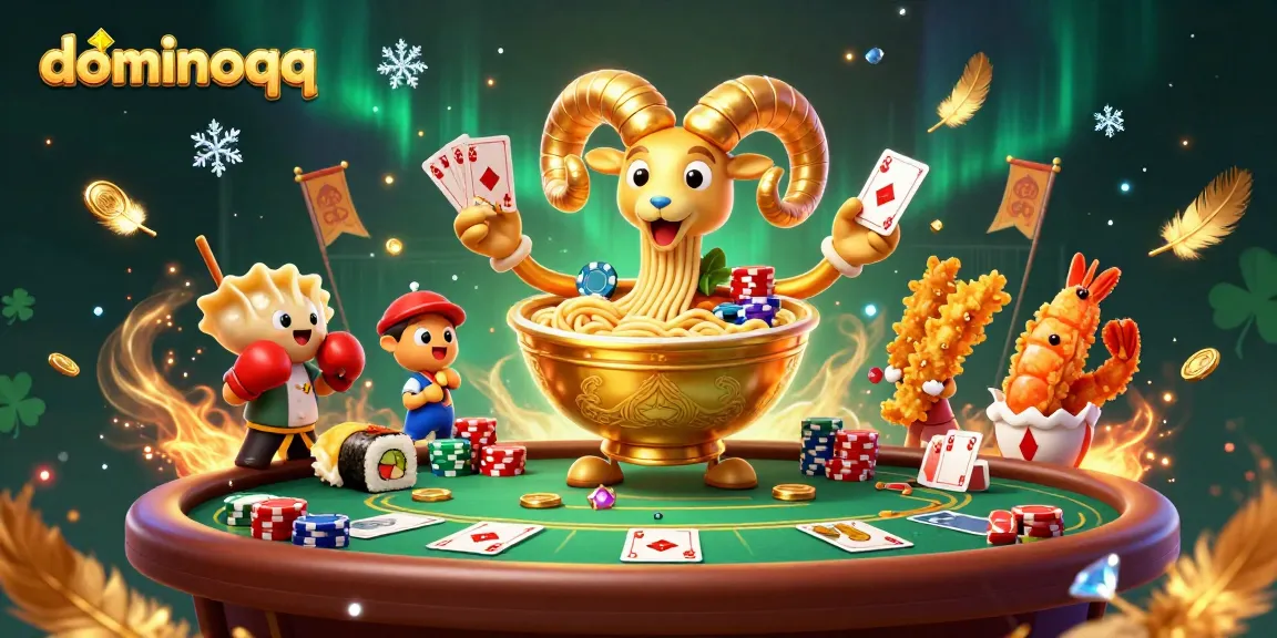 Engage with dominoqq as the golden ramen bowl dealer stacks chips at an exciting poker table.