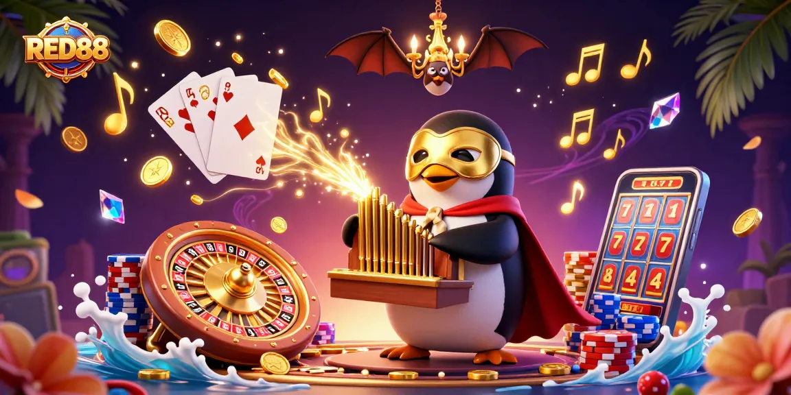 Experience the excitement at RED88 with a vibrant 3D illustration of gaming elements and characters.