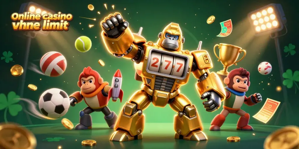 Experience the thrill of online casino ohne limit with a golden gorilla mech amidst flying sports elements.