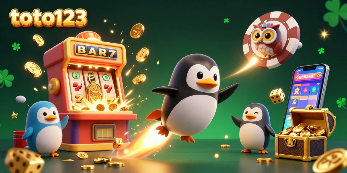 Experience the thrill of toto123 as a golden penguin zips through a jackpot of coins and glowing casino elements!