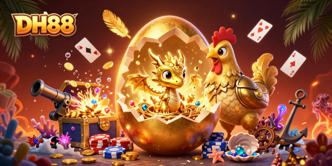 Experience the thrill of gambling with DH88, featuring a golden baby dragon and poker chips.