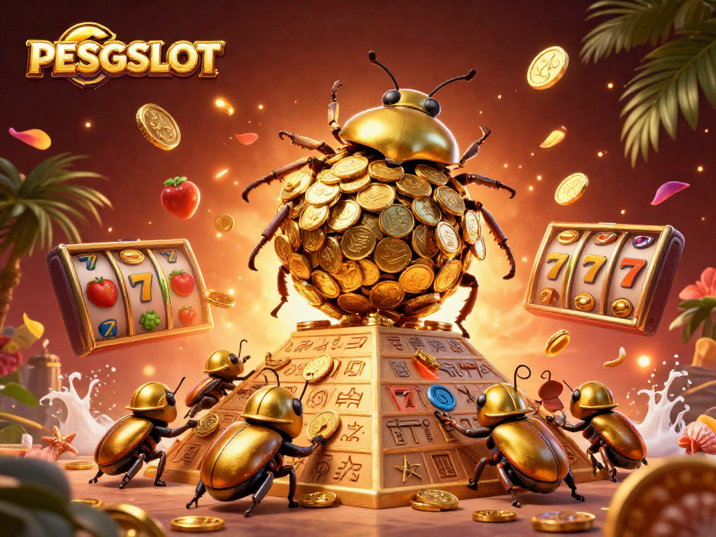 Memenangkan permainan PESGSLOT dengan ilustrasi kepik emas dan koin emas, menampilkan slot jackpot