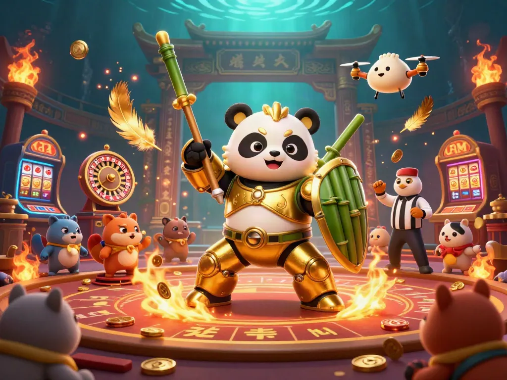 Experience the exhilarating action of ML88 with a golden panda in a mech-suit battling in a vibrant casino arena.