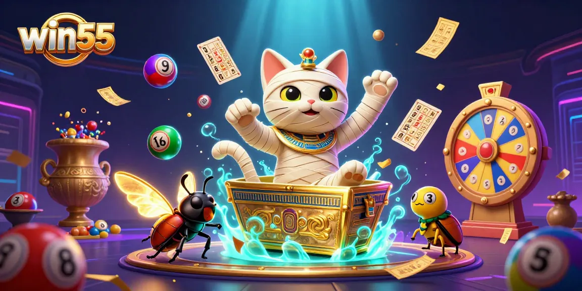 Win55 offers a 3D cartoon illustration of an Egyptian mummy cat in a casino bursting with lottery excitement.