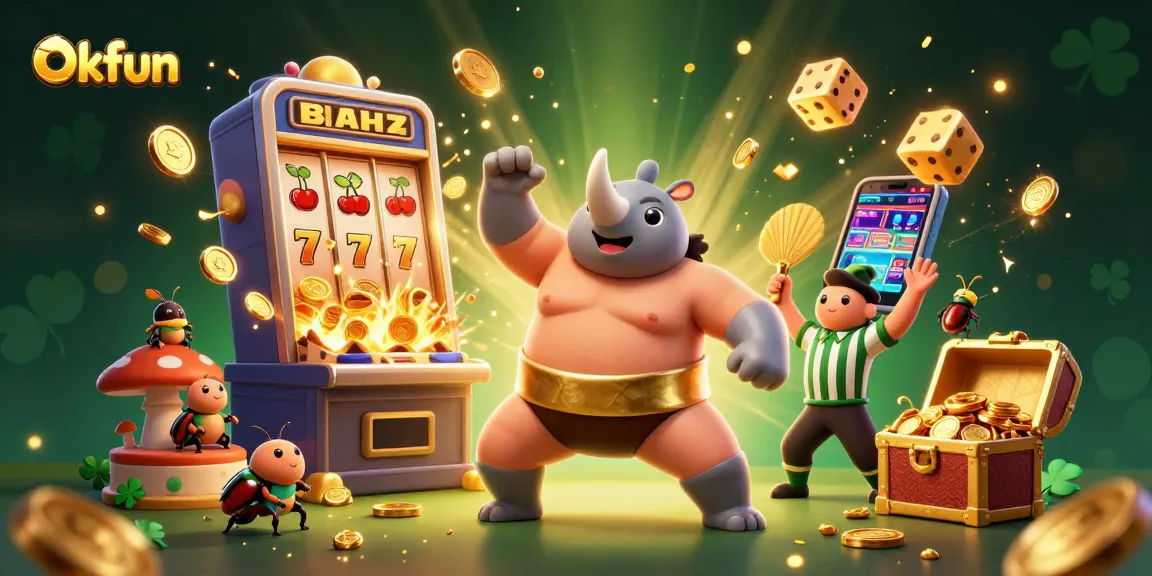 Experience the thrills of Okfun with a lively illustration of a beetle sumo champion and casino excitement.