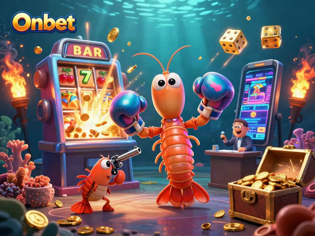 Experience Onbet's vibrant casino scene with animated shrimp characters and exciting game elements.