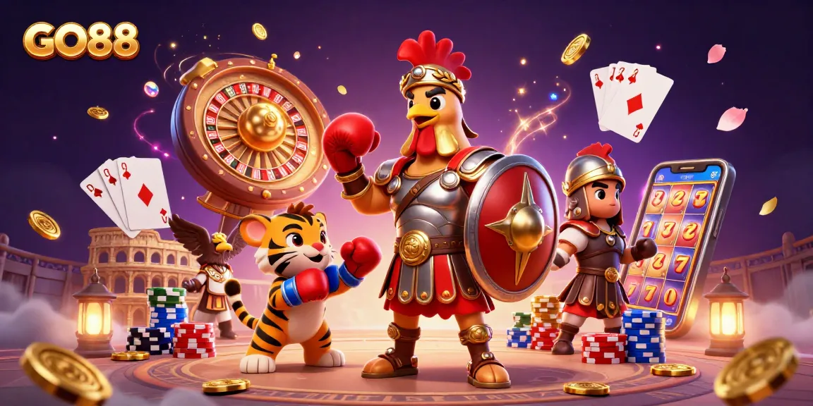 Experience the excitement of GO88 gaming with a vibrant, action-packed casino scene featuring dynamic characters and elements.