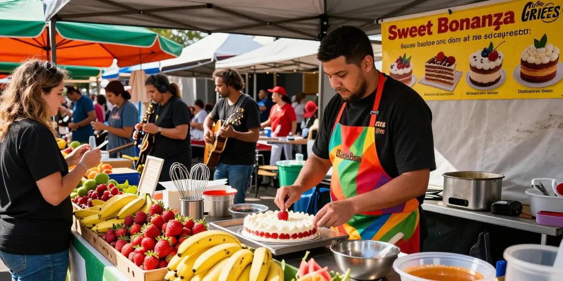 Chef crafting a Sweet Bonanza dessert at a vibrant outdoor food market.