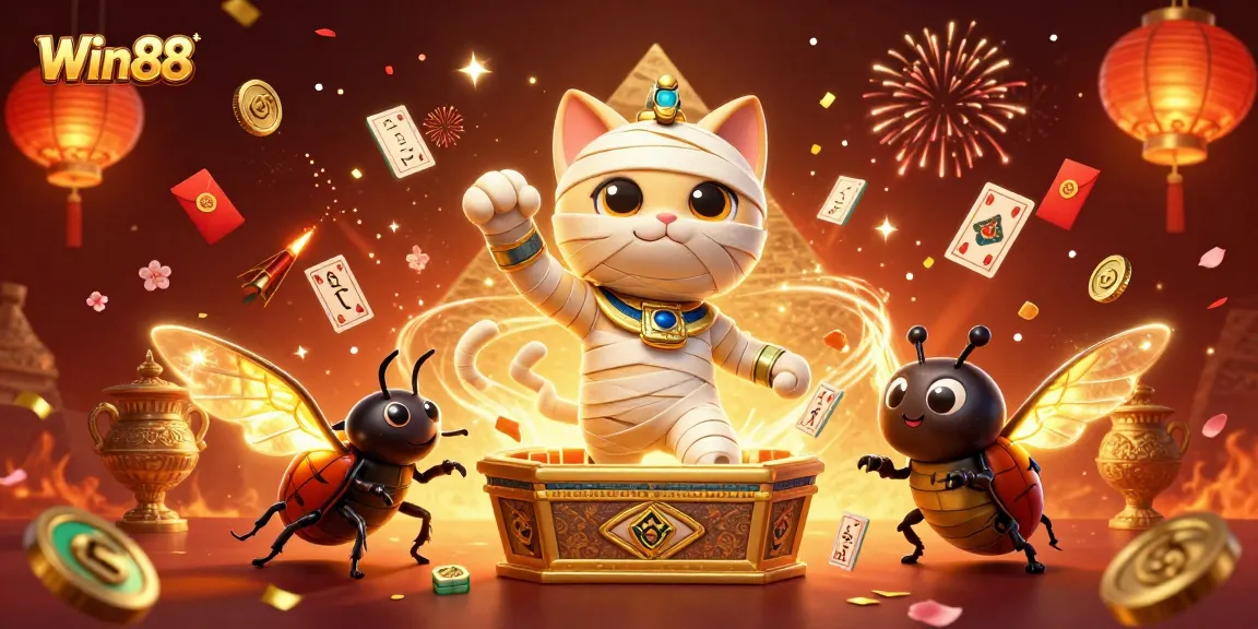 Win88's vibrant 3D illustration highlights an exciting casino experience with a mummy cat, fireworks, and golden treasures.