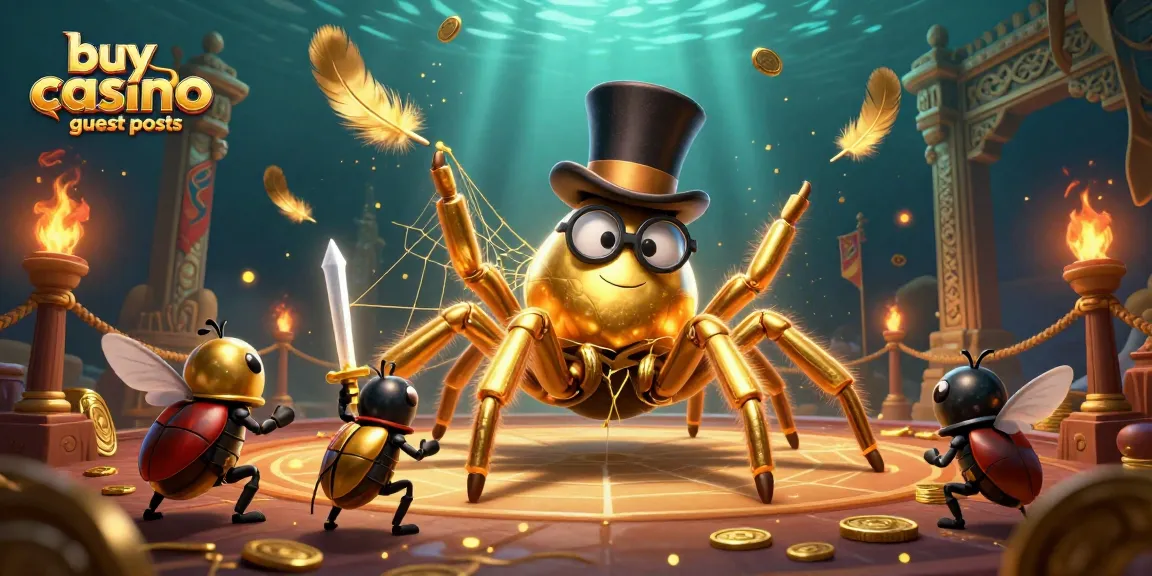 Buy casino guest posts with a vibrant 3D illustration of a golden tarantula and beetle knight.