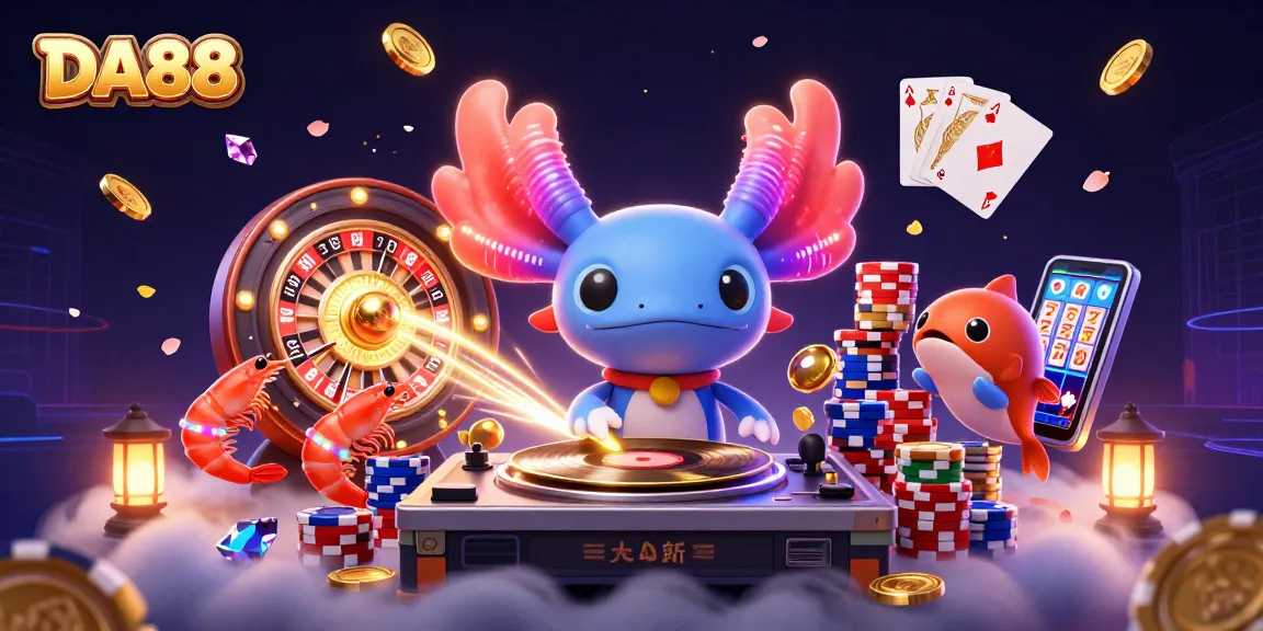 Engage with DA88 at a lively casino scene featuring a DJ axolotl and energetic sea creatures.