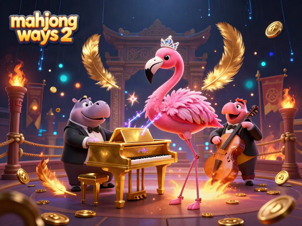 Experience Mahjong Ways 2 in this lively 3D casino scene with vibrant characters and game elements.