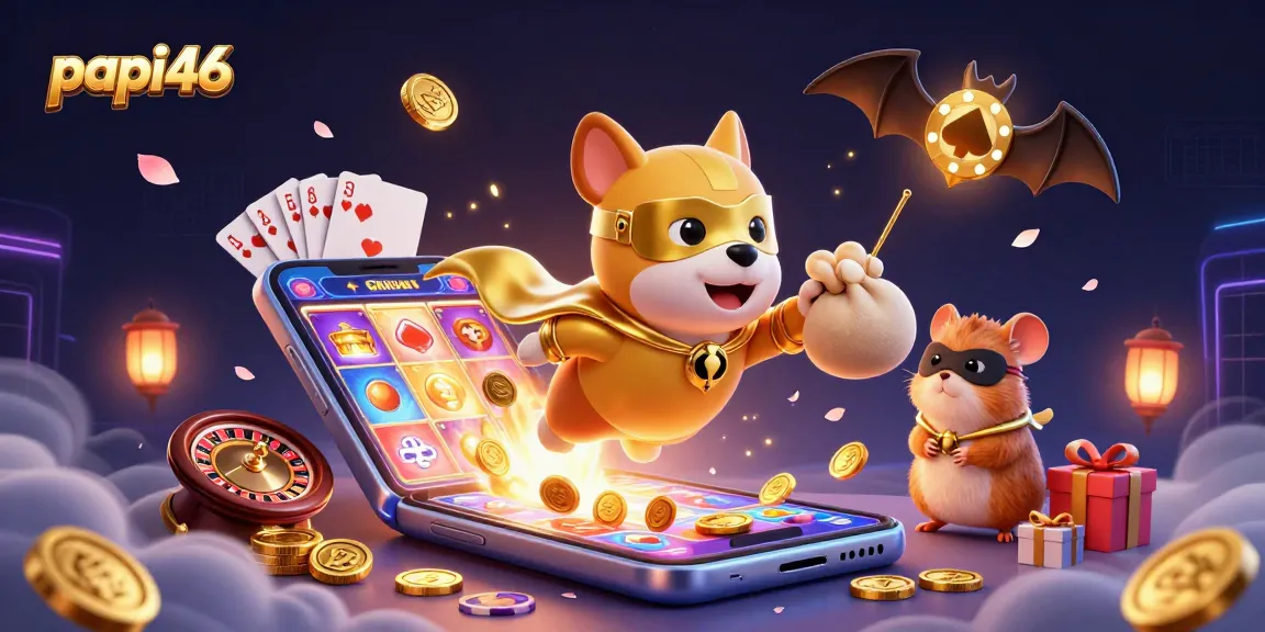 Papi46 menghadirkan simbol kekayaan dengan karakter anjing superhero dan hamster dalam suasana kasino penuh detail