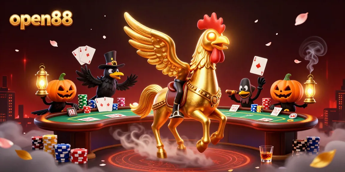 Play exciting games at open88 with a whimsical casino scene featuring a golden rooster and poker elements.
