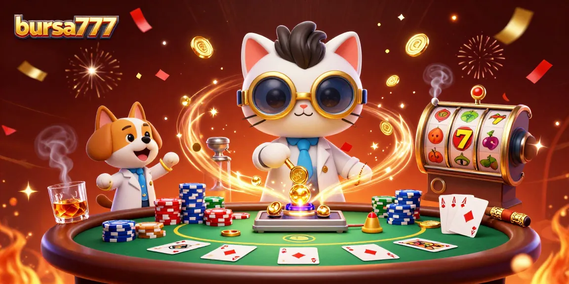 Win big at bursa777 with a colorful, action-packed casino scene featuring a scientist and dog.