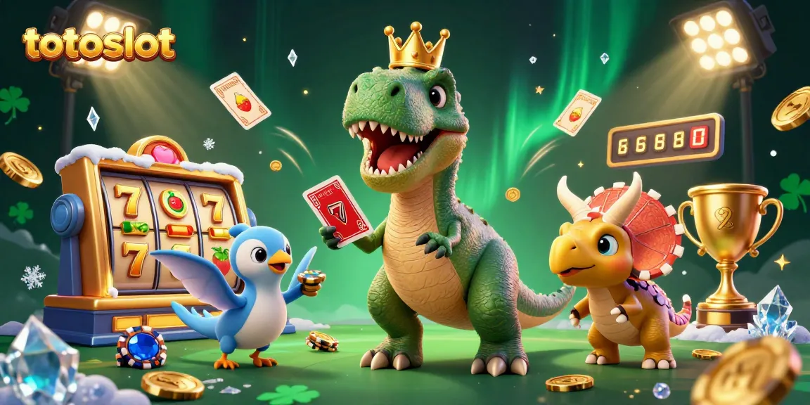 Totoslot's vibrant 3D casino scene features a friendly T-Rex and friends amidst dynamic gaming elements.