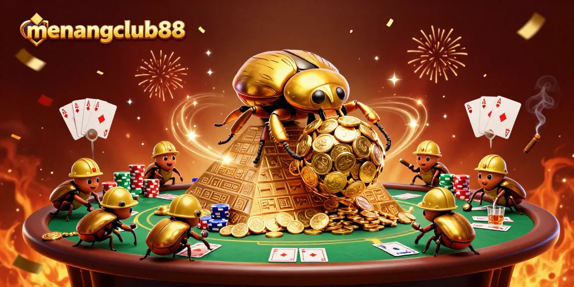 Join the action at menangclub88 featuring a golden dung beetle rolling coins, poker chips, and casino symbols.