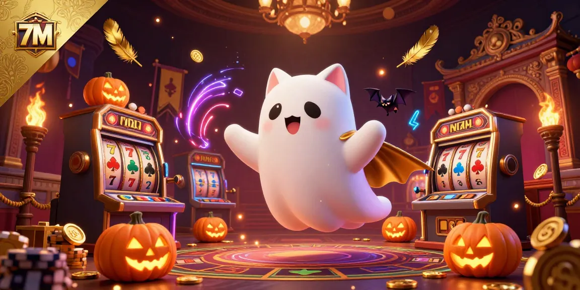 Experience the thrill of 7M gaming with a ghost cat in a bustling casino environment.
