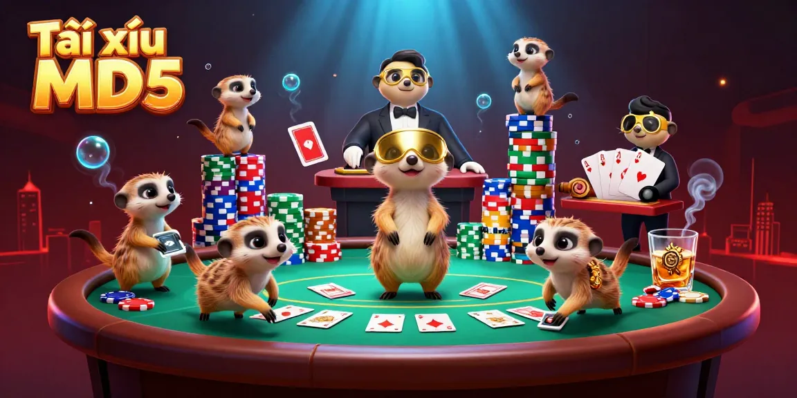 Tài xỉu MD5 meerkats run a casino with vibrant poker chips and glowing effects