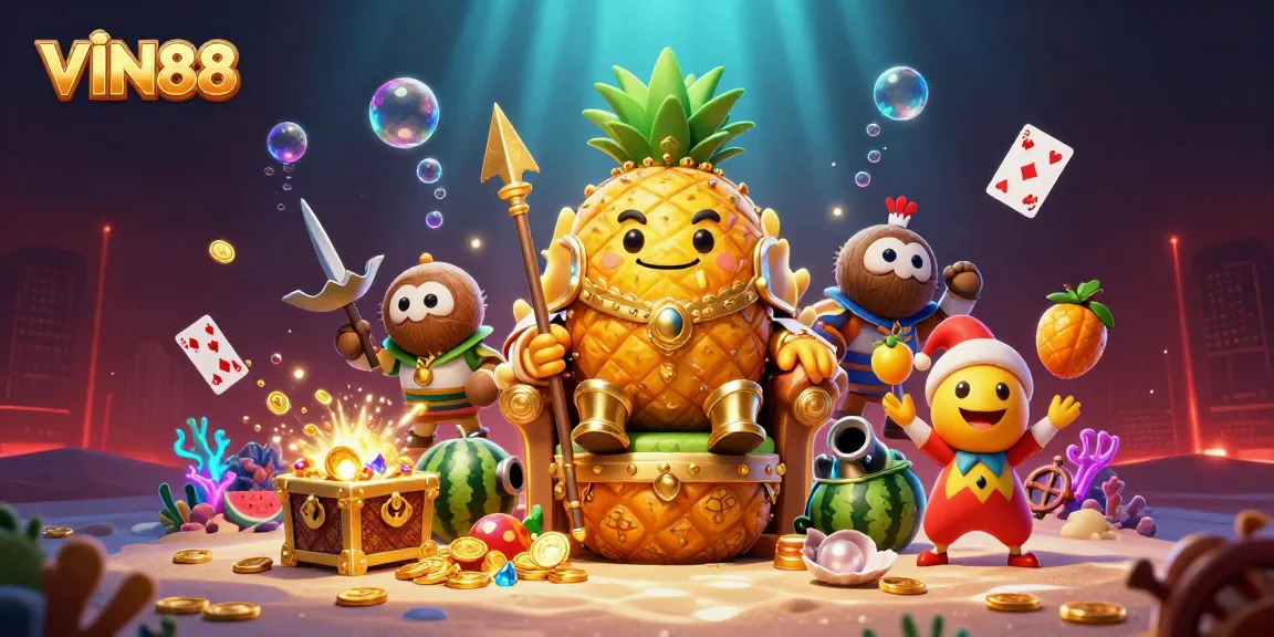 Engage in thrilling casino adventures with VIN88's vibrant characters in a magical beach setting.