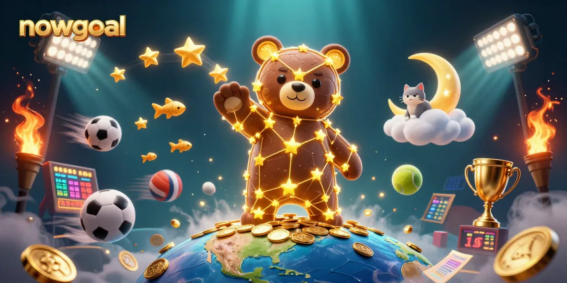 Track live scores and betting odds on Nowgoal with a 3D constellation bear collecting coins.