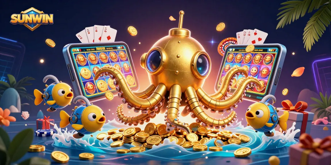 SUNWIN unleashes thrilling casino action with a golden kraken submarine amidst vibrant slot games and dynamic game elements.