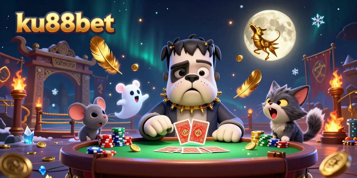 ku88bet's vibrant casino scene with a Frankenstein bulldog dealer and ghostly mouse amidst chips.