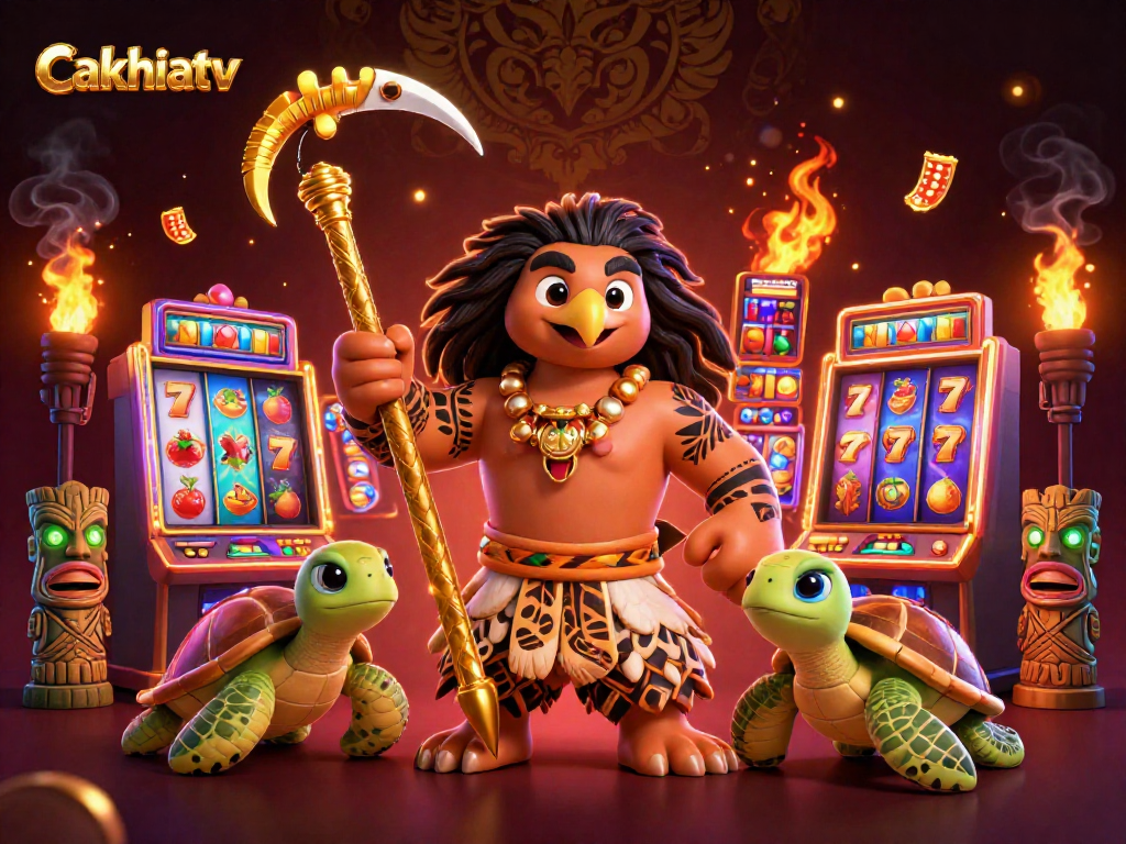 Cakhiatv showcases an immersive 3D casino scene with a demigod hawk, vibrant slots, and glowing treasures.