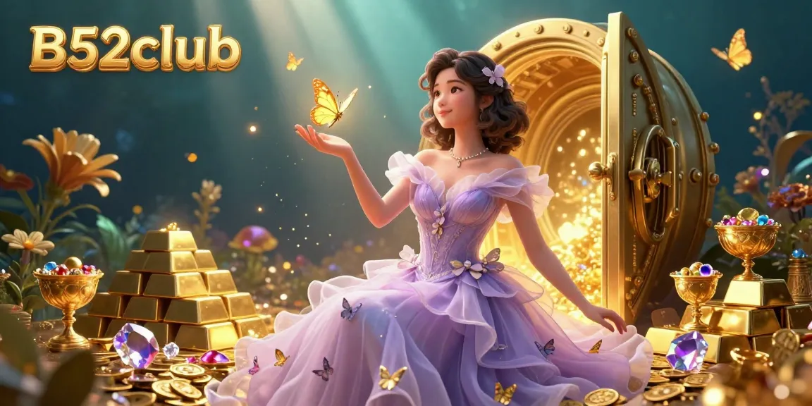 B52club offers thrilling game experiences with a stunning Asian woman surrounded by treasure in a magical casino setting.