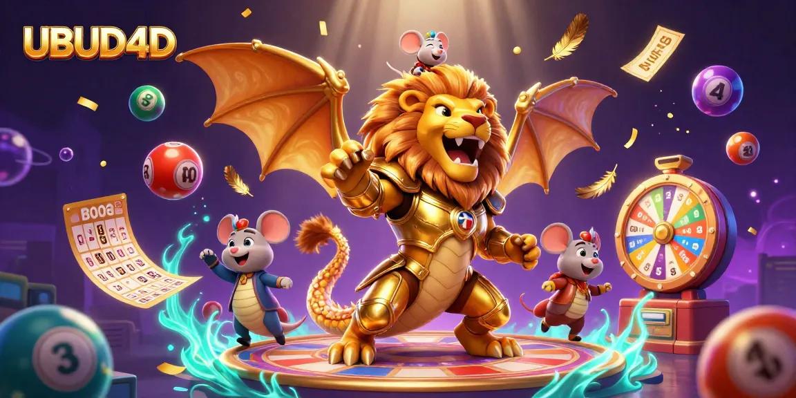 Engage in thrilling gameplay with UBUD4D, featuring dynamic lottery balls and a cheerful chimera.