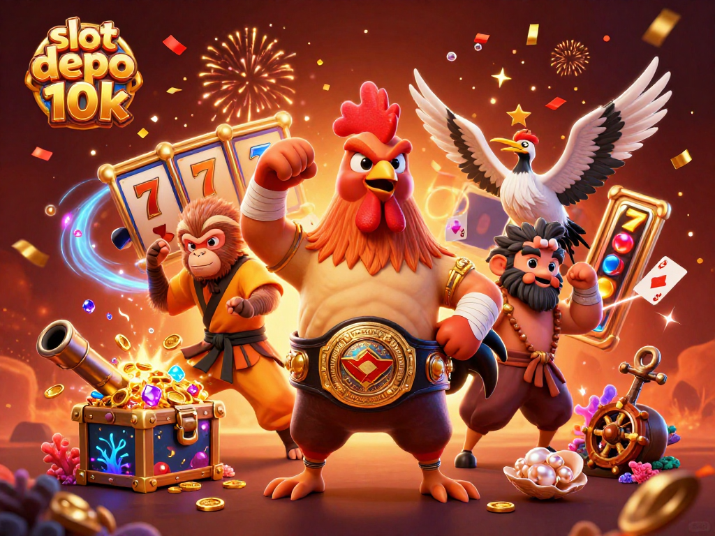 Engage with slot depo 10k through vibrant 3D illustration of casino elements and martial arts characters.