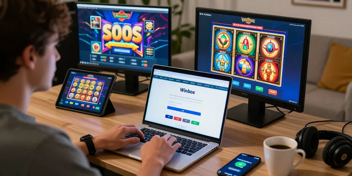 Engaging Winbox login scene with vibrant online gaming interface, player on laptop, fast casino access