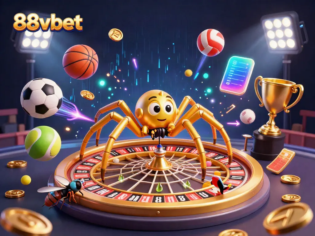 Experience thrilling bets in a vibrant 88vbet casino scene with a golden spider roulette wheel.