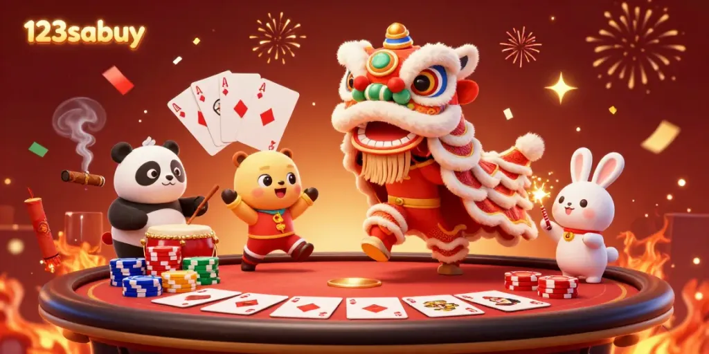 Experience excitement with 123sabuy at a festive casino event featuring a vibrant lion dance and poker action.