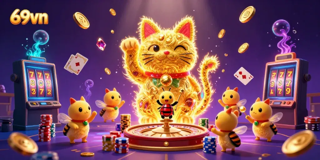 Experience thrilling excitement at 69vn with colorful casino elements and a lucky cat design.