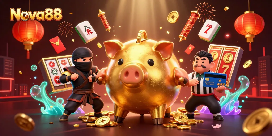 Nova88 players winning with exciting slots in a vibrant casino illustration