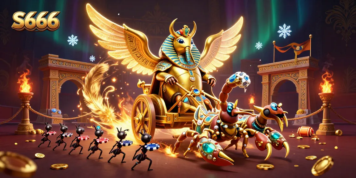 S666 casino scene with a colossal golden scarab beetle and scorpions amidst vibrant gambling elements