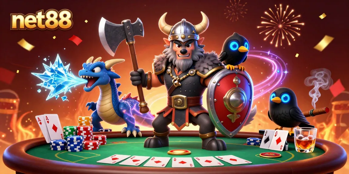 Join the net88 Viking wolf warrior, dragon, and raven at an exciting poker game.