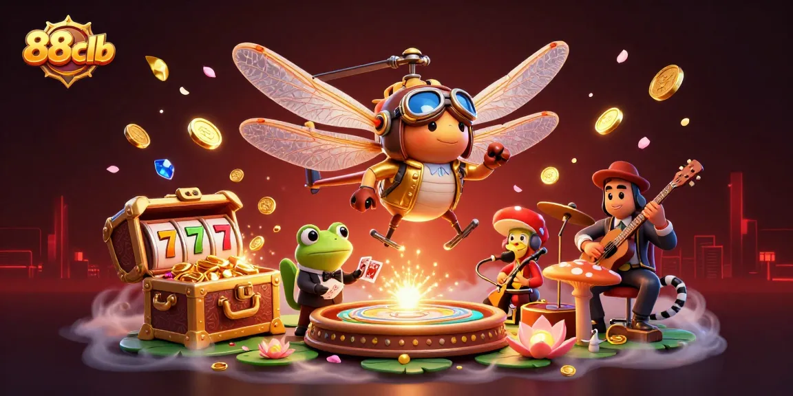 88clb engaging players with vivid casino scenes featuring a whimsical dragonfly pilot and frog croupier
