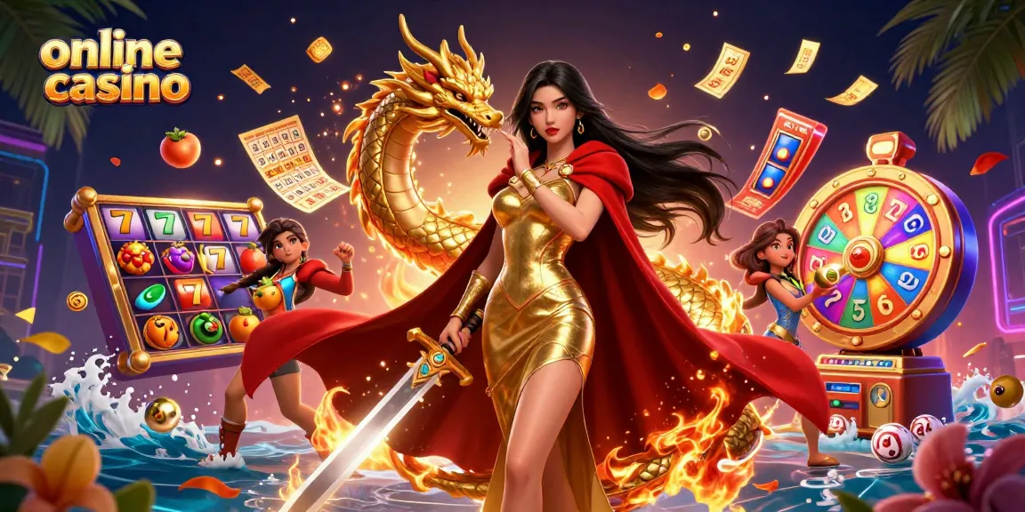 Experience thrilling slots action at this vibrant online casino illustration, featuring a warrior queen and golden dragon.