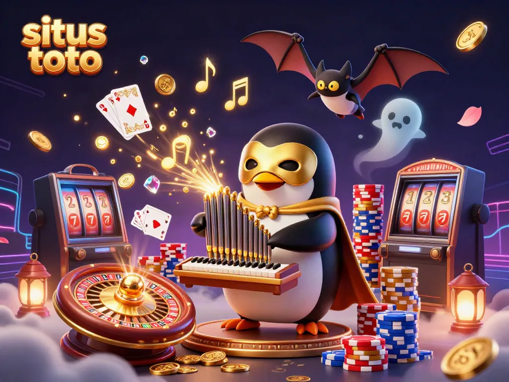 Experience situs toto with a whimsical penguin organist and golden musical notes in a lively casino atmosphere.