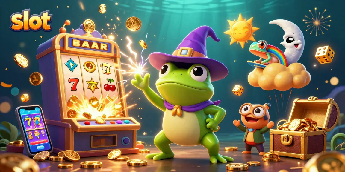 Experience thrilling slot action with a wizard frog and chameleon in a casino scene.