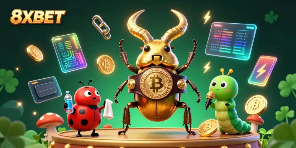 Experience thrilling gameplay at 8XBET with vibrant characters and glowing crypto elements in an exciting casino scene.