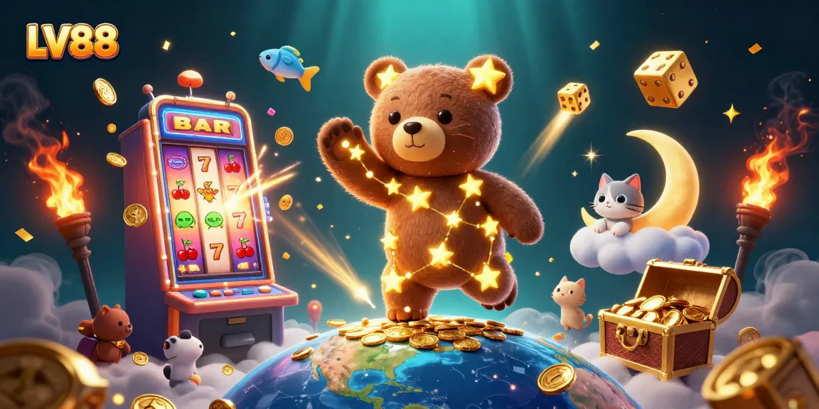 Engage with LV88's captivating 3D digital illustration showcasing vibrant casino themes and dynamic game elements.