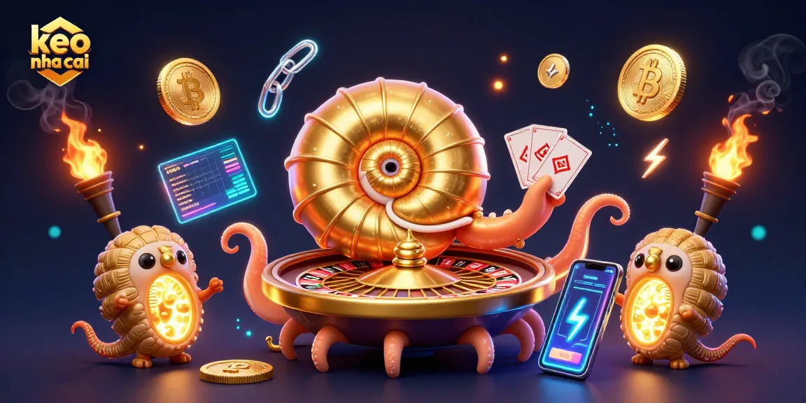 Engage in gaming excitement with keo nha cai, featuring a nautilus roulette wheel and glowing cryptocurrencies.