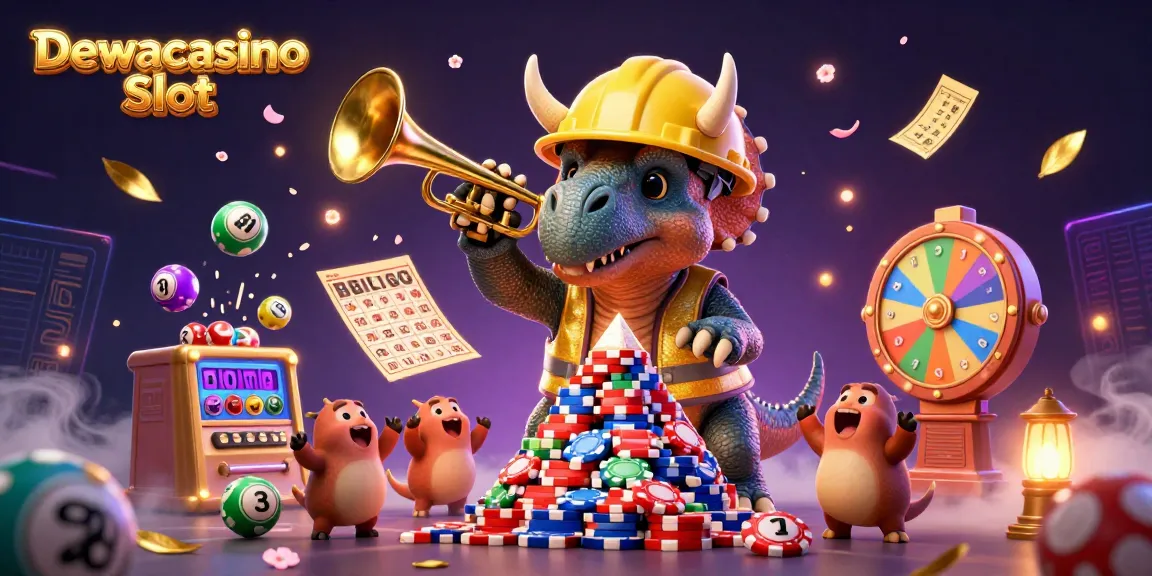 Dewacasino Slot scene with vibrant characters celebrating while surrounded by lottery elements and neon effects.