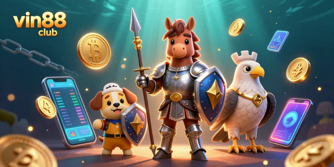 Engage with the vin88 club in this vibrant 3D casino scene showcasing medieval characters and cryptocurrency elements.