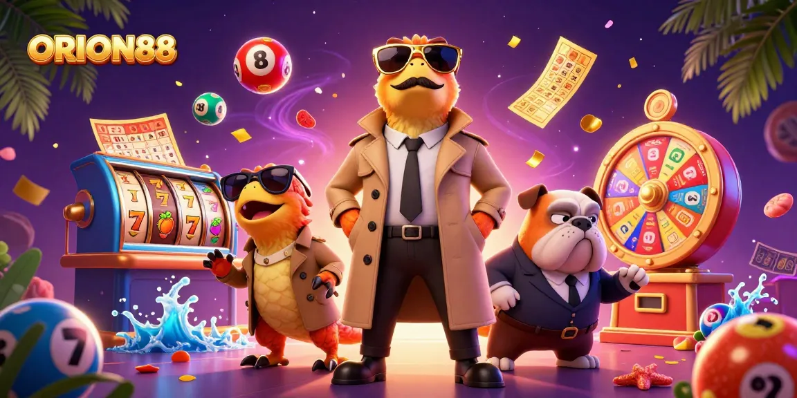 Engage with ORION88 in a lively casino scene featuring raptors and slot machines, filled with excitement.