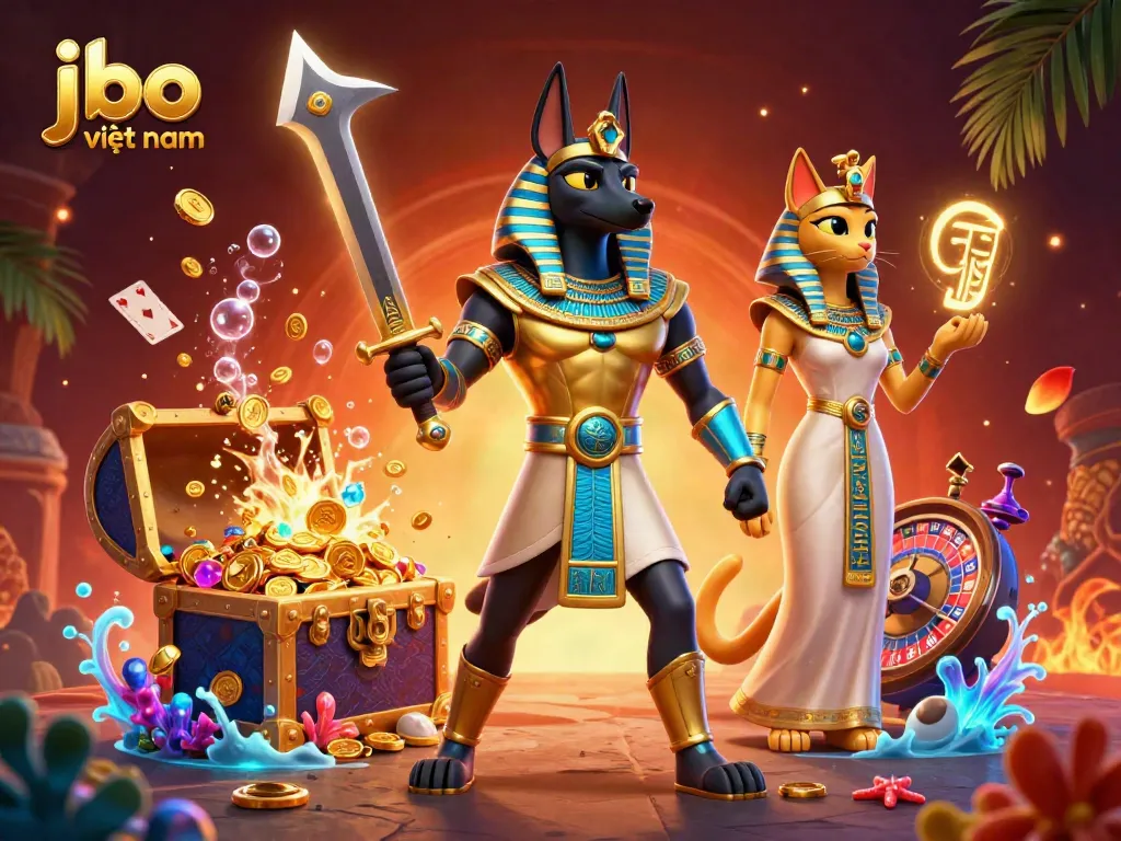 Experience thrilling wins with jbo việt nam in a vibrant 3D casino scene of Anubis and Bastet!